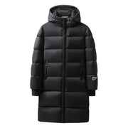 Men's black hooded long down jacket, quilted puffer coat with gold logo patch, waterproof by Simples Market