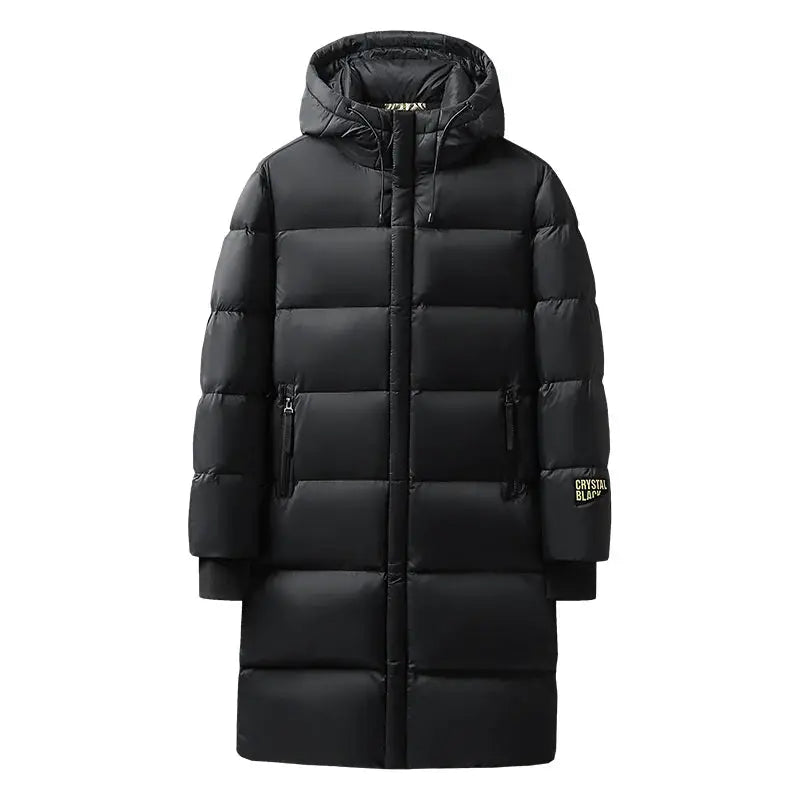 Men's black hooded long down jacket, quilted puffer coat with gold logo patch, waterproof by Simples Market