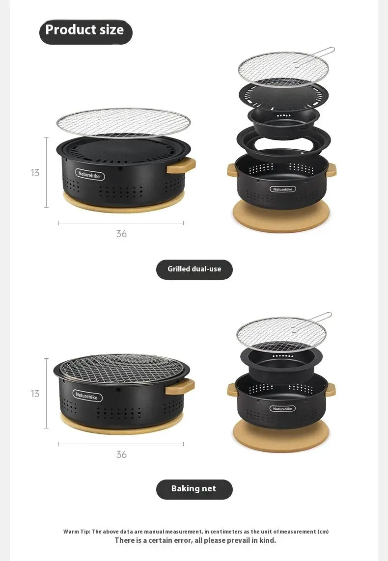 Naturehike outdoor tabletop barbecue stove with charcoal pot, grill rack and baking net, compact black with handles