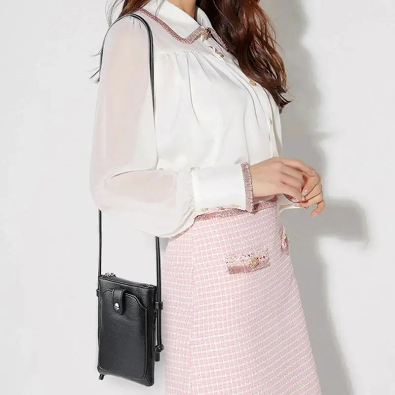 PU leather diagonal crossbody bag by Simples Market, black mini phone wallet with double-layer buckle.