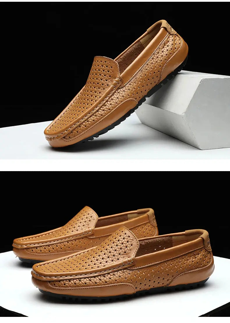 Simples Market men's brown woven leather loafers; genuine leather, slip-on moccasin, breathable