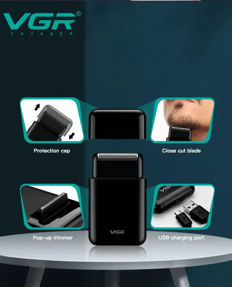 VGR Electric Shaver portable beard trimmer; black body with USB charging port by Simples Market