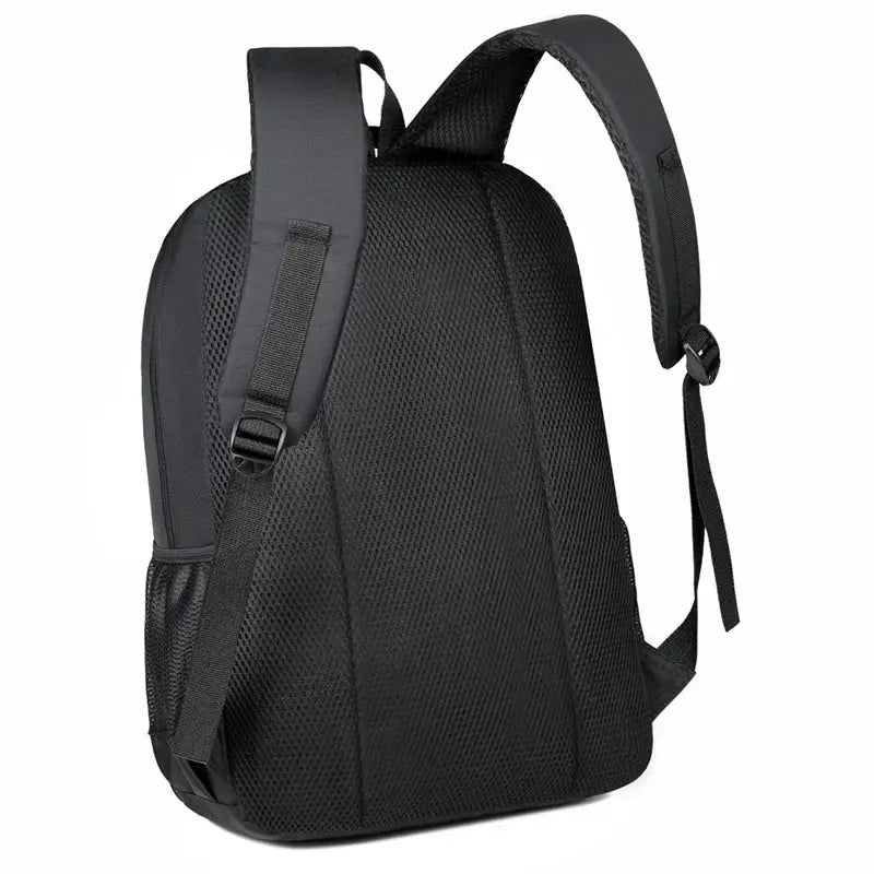 Simples Market black backpack with padded mesh back panel and straps; large capacity for travel, office, and school