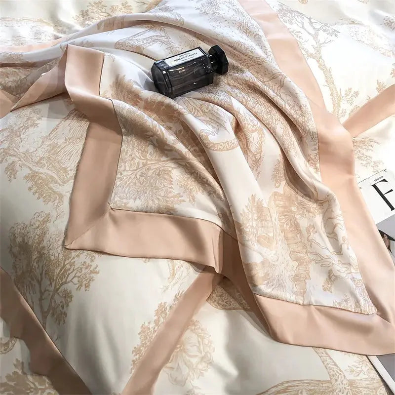 Lyocell eucalyptus bedding set by Simples Market with forest plant motif; duvet cover, sheet and pillowcases in blush satin trim.