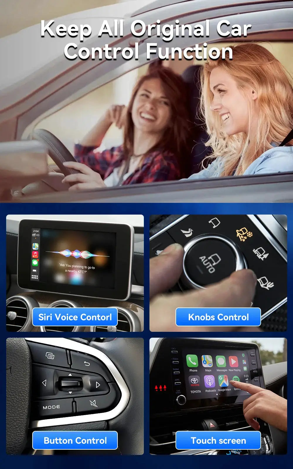Simples Market Android 13 CarlinKit TV Box on car dash with split-screen UI and Siri, knob, button, and touch controls.