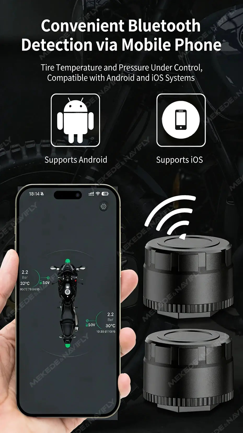 Navifly car TPMS Bluetooth tire pressure monitor with Android and iOS; black wireless sensors, Simples Market