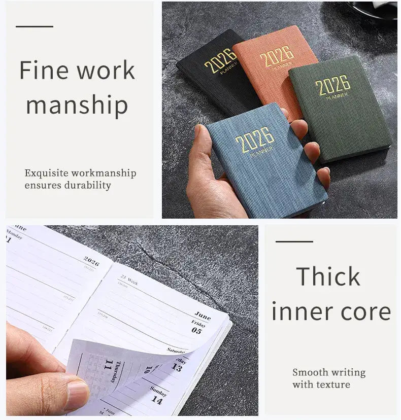 A7 2026 planners by Simples Market; four mini pocket daily schedulers with 64 sheets each, blue orange green black covers