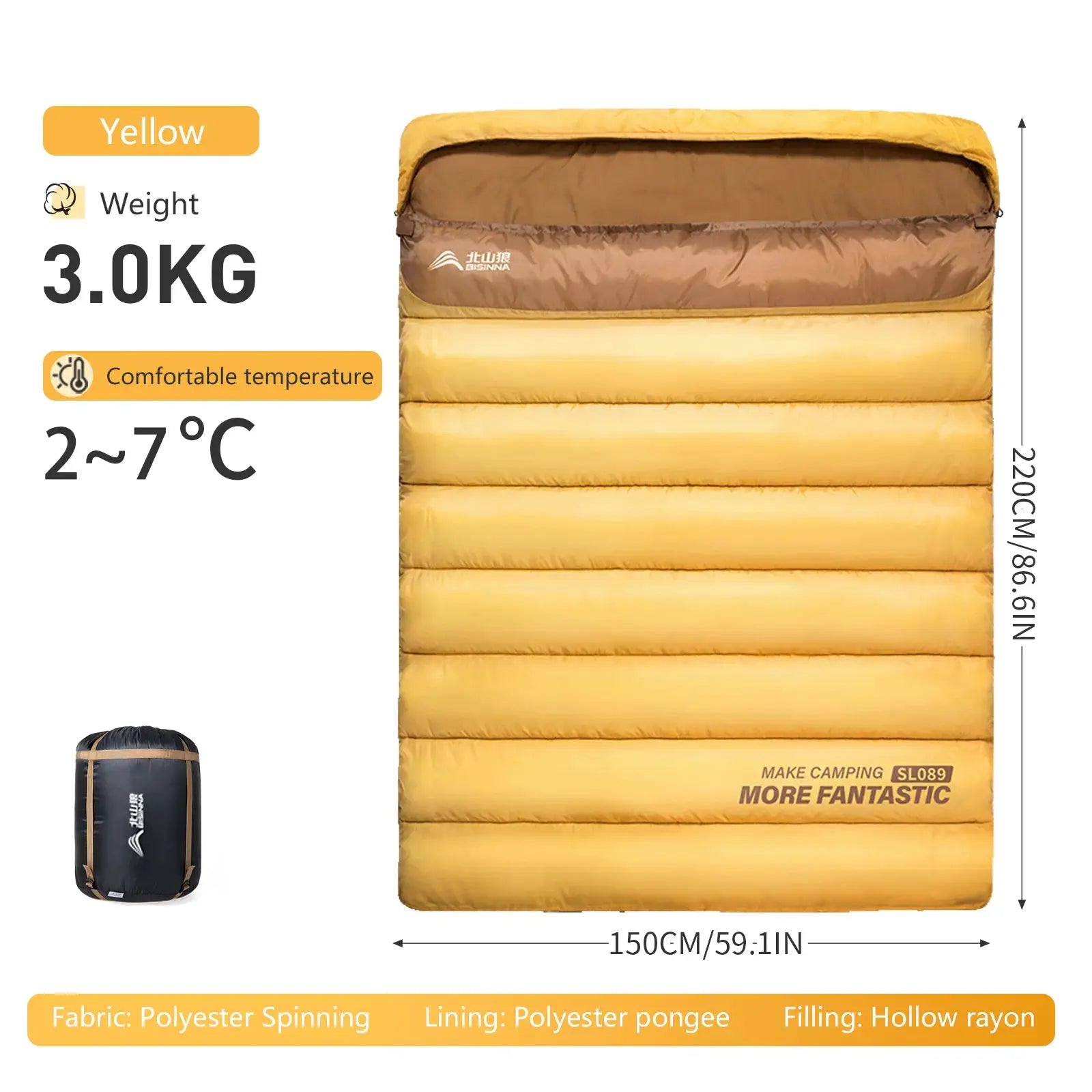 BISINNA 2-person camping sleeping bag in yellow by Simples Market; polyester fabric, hollow rayon filling