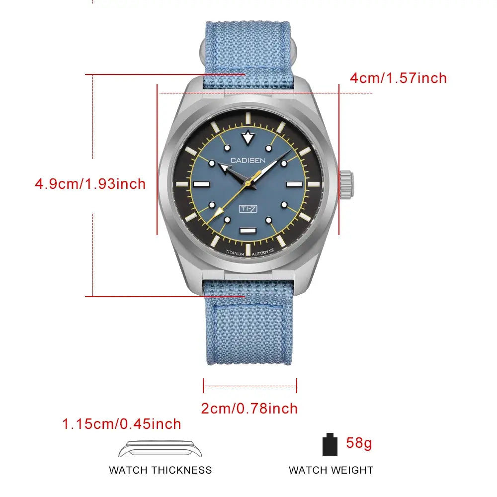 Cadisen TI-7 autodyne wristwatch with blue dial, blue canvas strap, luminous markers, and a silver-tone metal case.