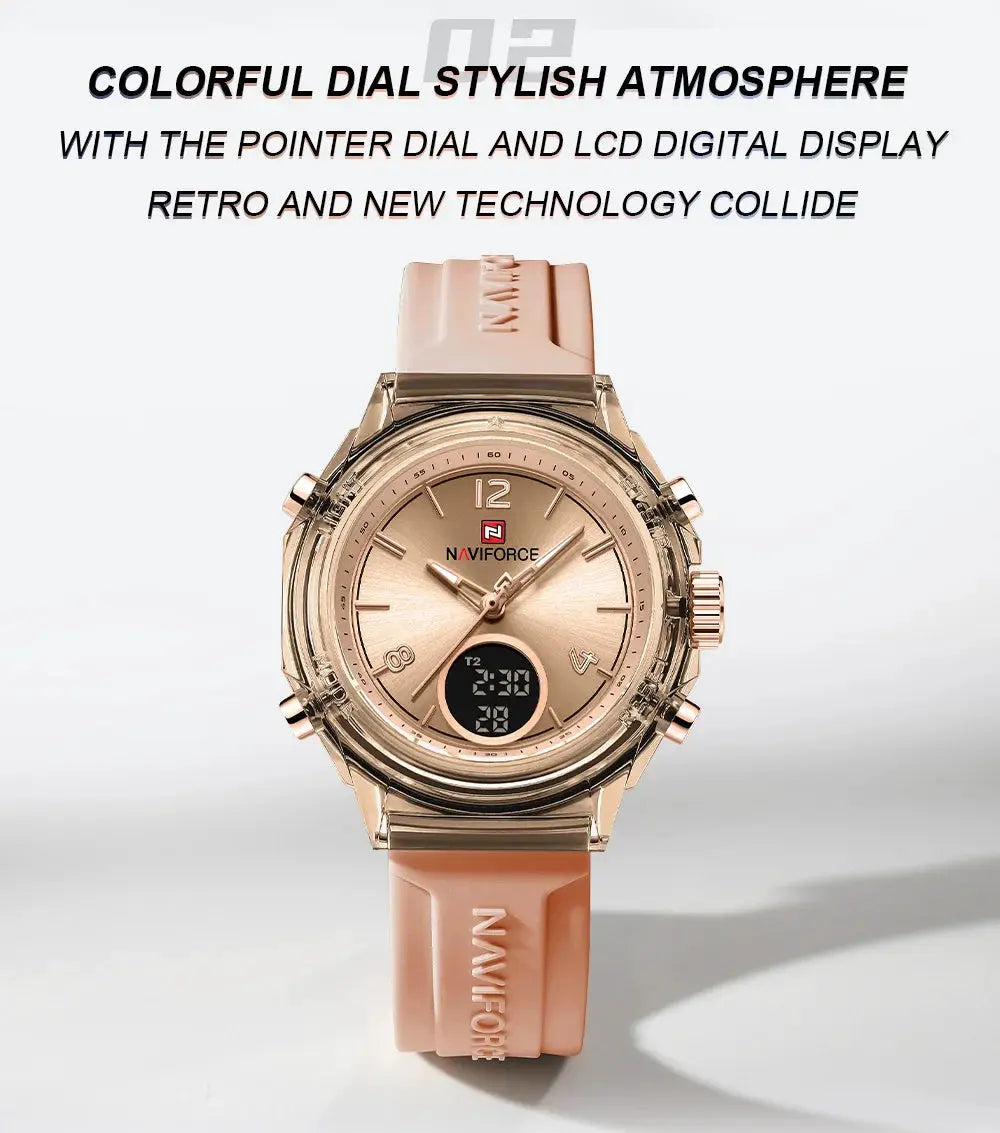 NAVIFORCE women's watch, rose-gold dial with pink rubber strap, dual-time quartz
