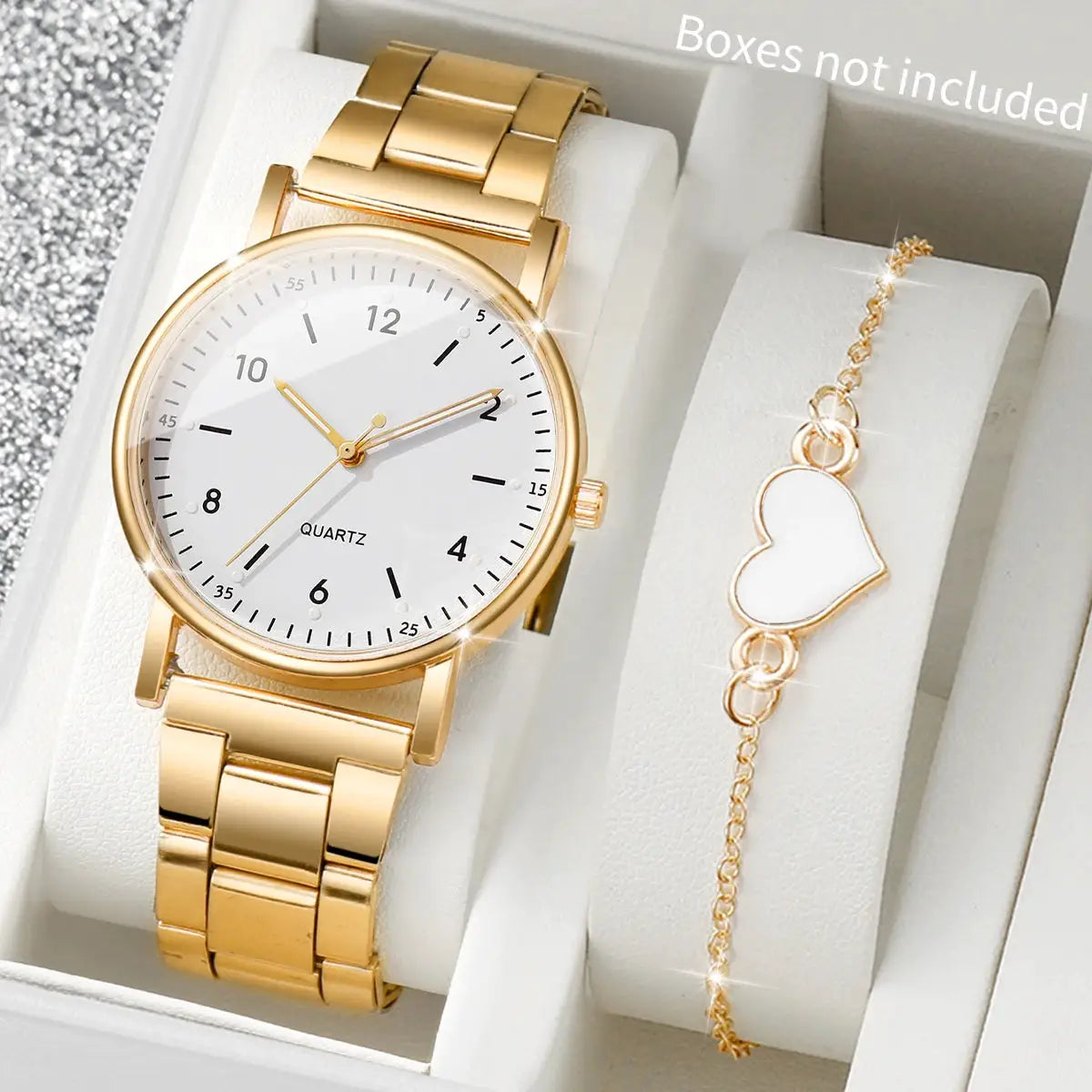 Gold-tone women's quartz watch and heart pendant bracelet, 2-piece set
