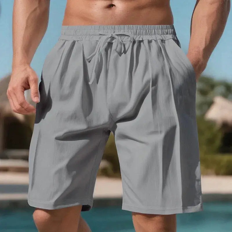 Men's gray quick-dry beach shorts with elastic drawstring waist, knee-length, breathable loose-fit