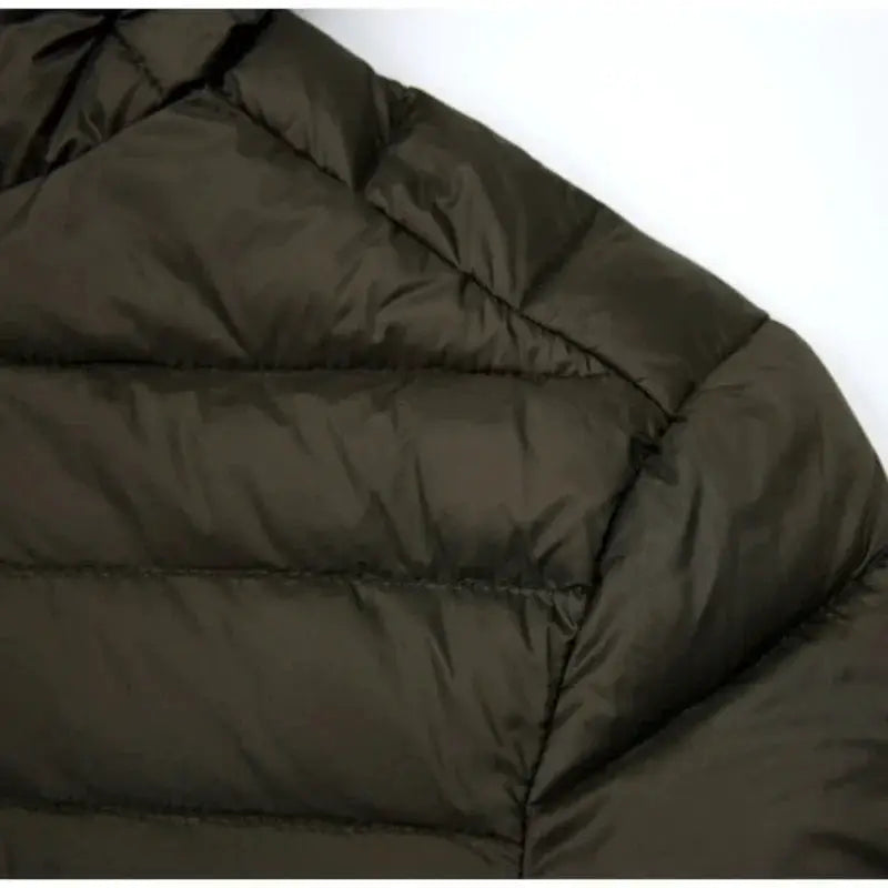 Men's Simples Market down jacket, olive quilted puffer with horizontal baffles.