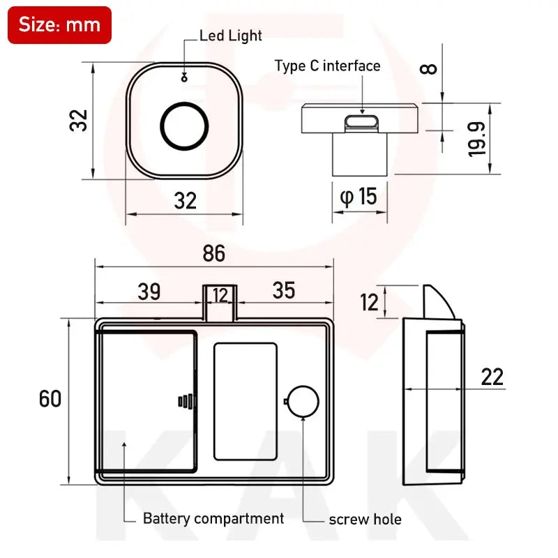 KAK biometric fingerprint lock, black Simples Market keyless cabinet lock with LED and Type-C; front/side/top views.