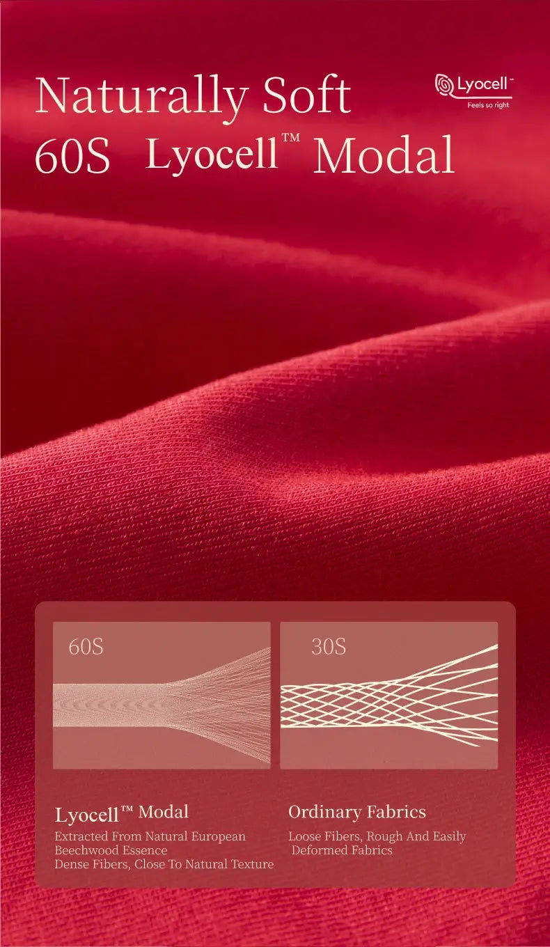 Lyocell Modal fabric swatches on red textured fabric showing 60S vs 30S weave diagrams with Lyocell logo