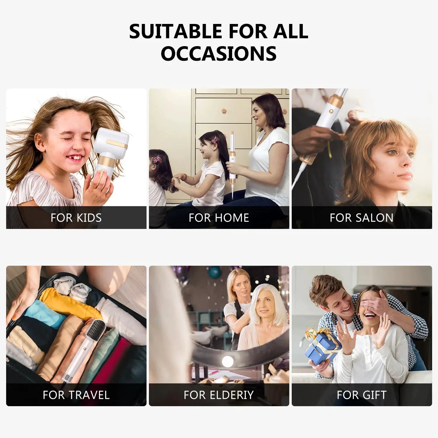 Simples Market 7-in-1 hair dryer brush, white with rose-gold accents, shown in a six-panel lifestyle collage.