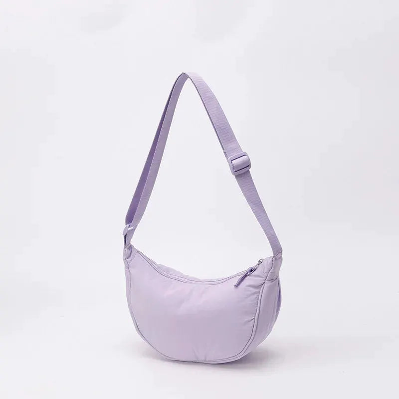 Nylon fabric zipper crossbody bag Simples Market, lilac crescent-shaped with adjustable strap