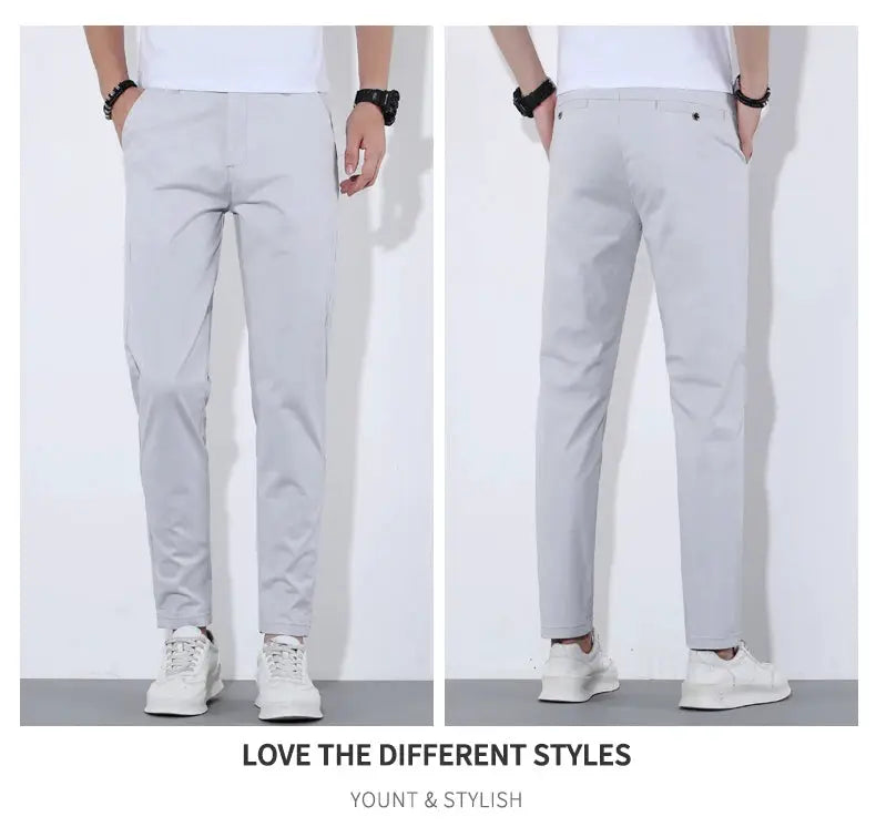 HIQOR men's casual cotton pants in light gray; breathable lightweight summer trousers.