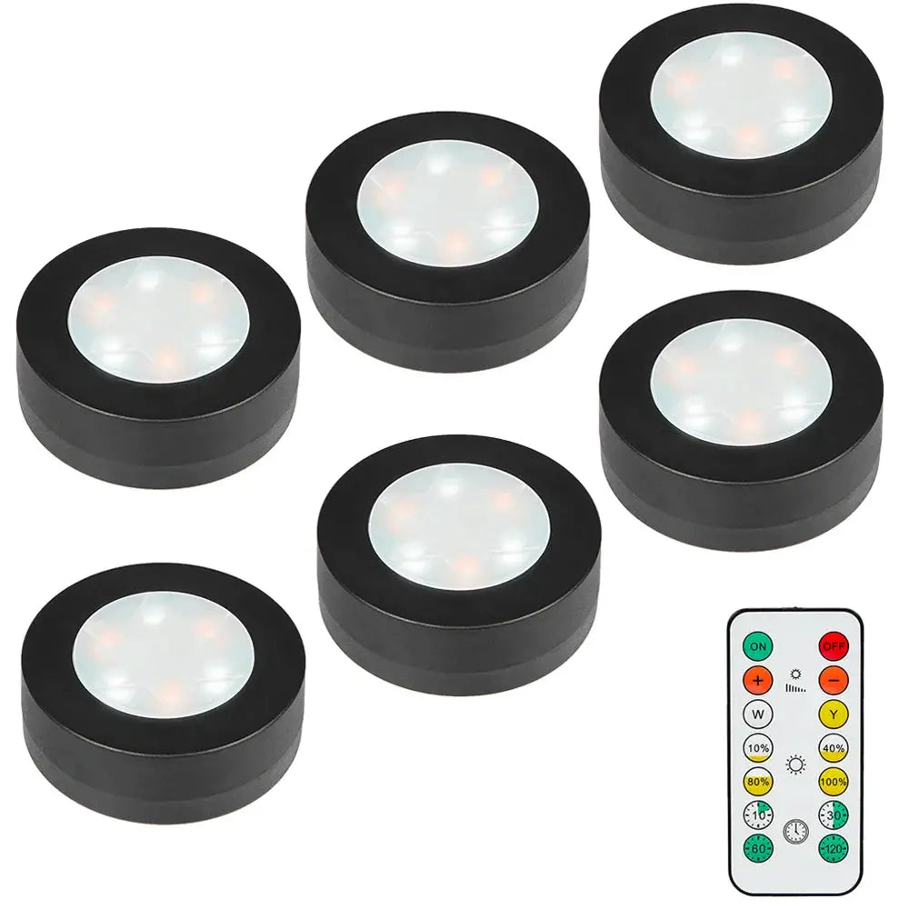 6-pack black round LED under-cabinet lights with remote, dimmable CCT 3000–6500K.