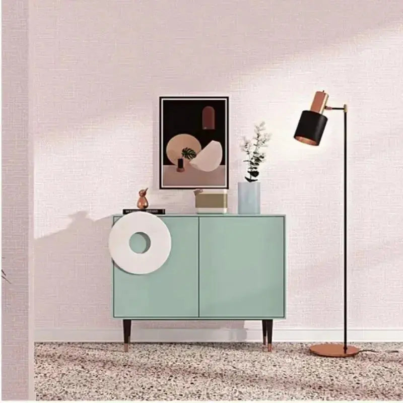 Self-adhesive foam wall panel, 50cm, linen PVC texture on pink living-room wall with mint cabinet and floor lamp