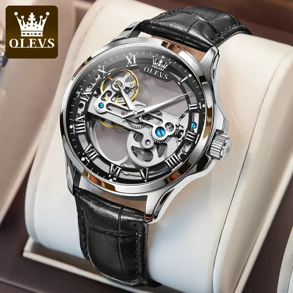 OLEVS skeleton men's wristwatch with black leather strap and silver case, visible mechanical movement