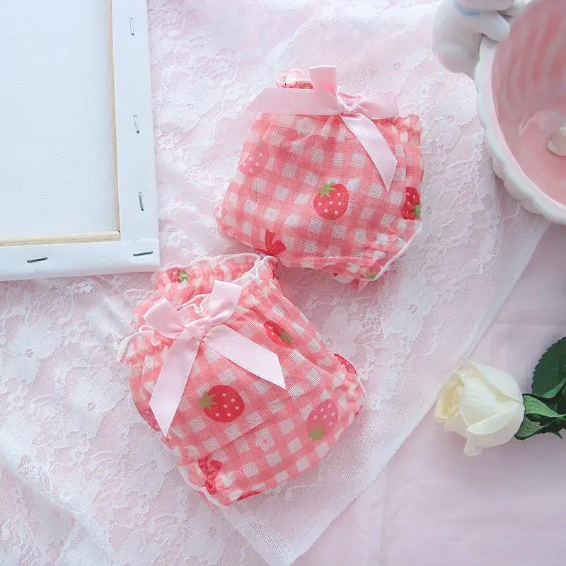 Pink strawberry-print gingham panties with pink bow, set of two
