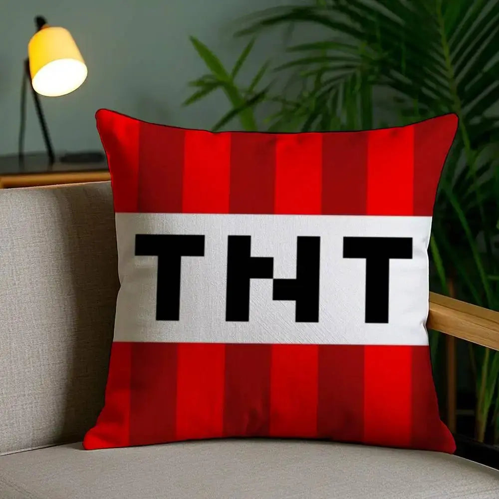 TNT block explosion pillow cover, red striped short plush with white band and black TNT text, double-sided printing