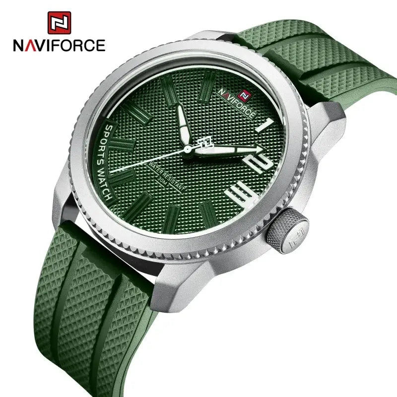 NAVIFORCE men's sports quartz watch with green dial and silicone strap, silver case, 30M water resistant