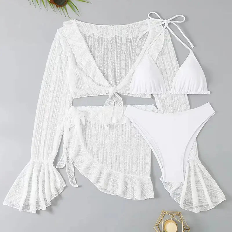 2026 Four Piece Women Swimsuit With Long Sleeve Cover Up Solid Bikini Set For Brazilian Beachwear Summer Parties
