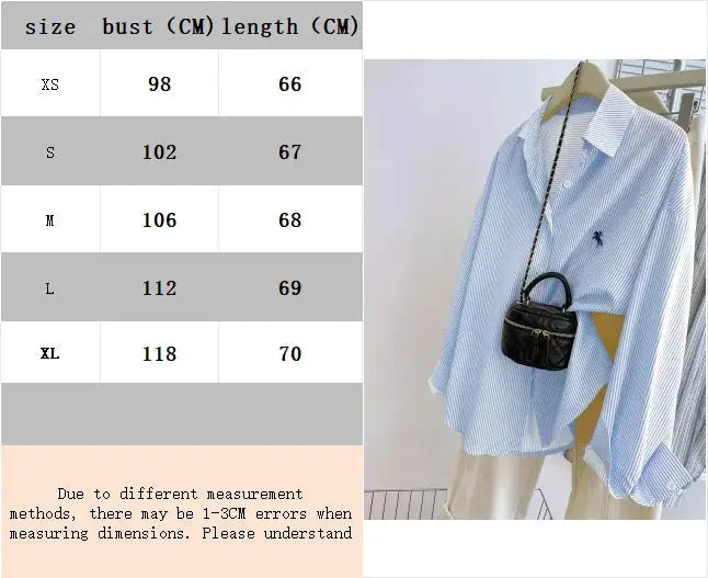 Women's striped knight-print front-button long-sleeve blouse in blue and white