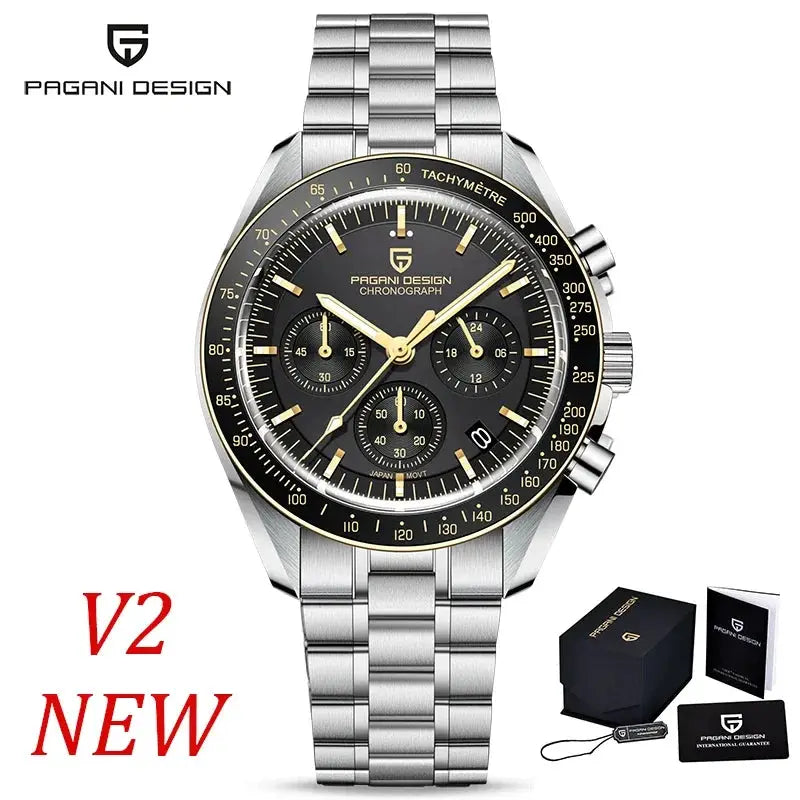 PAGANI DESIGN men's chronograph wristwatch with stainless steel bracelet, black dial, gold-tone ceramic bezel gift box