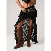 Deeptown Y2k asymmetrical black lace tulle skirt with layered ruffles