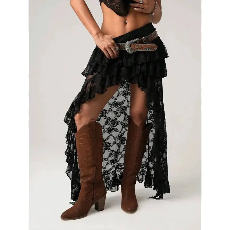 Deeptown Y2k asymmetrical black lace tulle skirt with layered ruffles