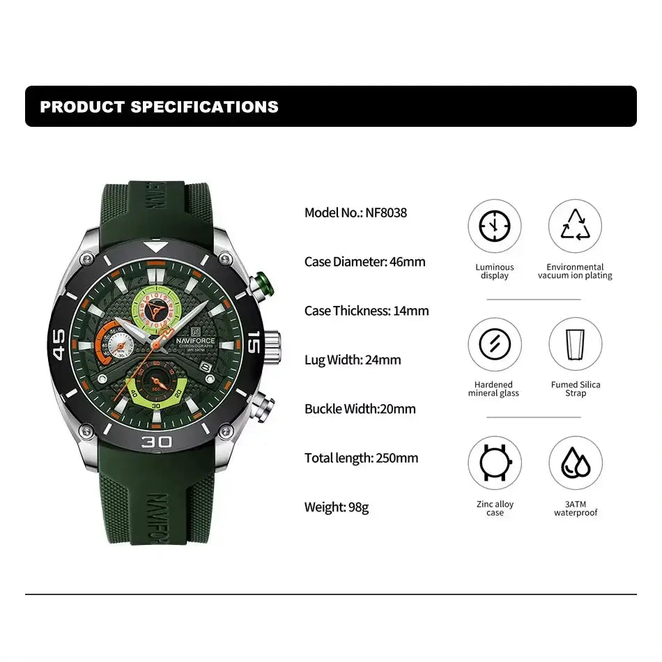 NAVIFORCE men's sport watch with green silicone strap and green/black chronograph dial.