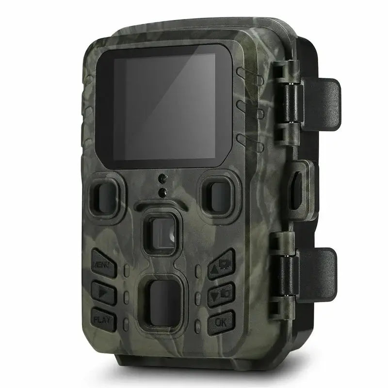 Suntekcam 20MP wireless trail camera with camouflage body and front LCD screen.
