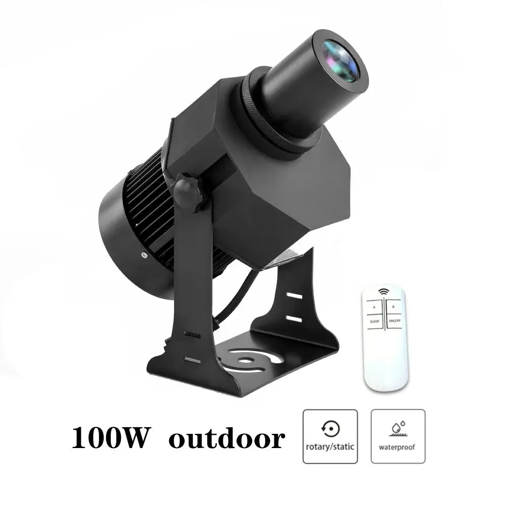 Advertising gobo projector; 100W outdoor with mounting bracket, remote, black housing, IP67 waterproof, rotating.