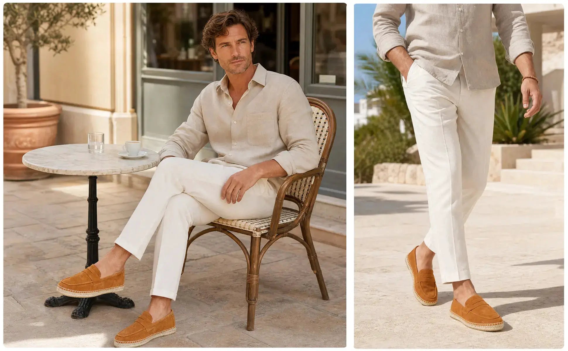 Men's jute espadrille loafers in camel suede leather, casual slip-on footwear
