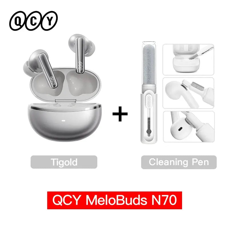 QCY MeloBuds N70 wireless earbuds in Tigold finish with charging case and cleaning pen bundle