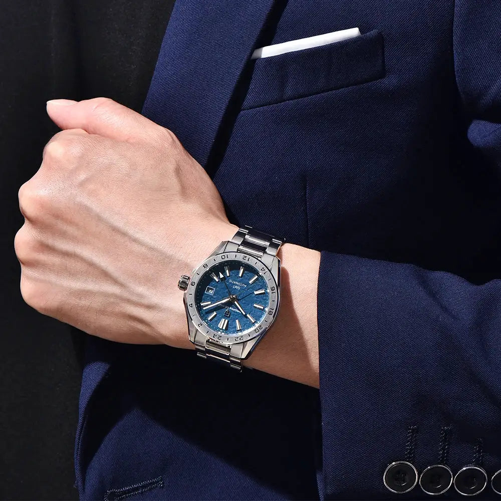 Pagani Design GMT men's stainless steel watch with blue dial, sapphire glass, 100m waterproof