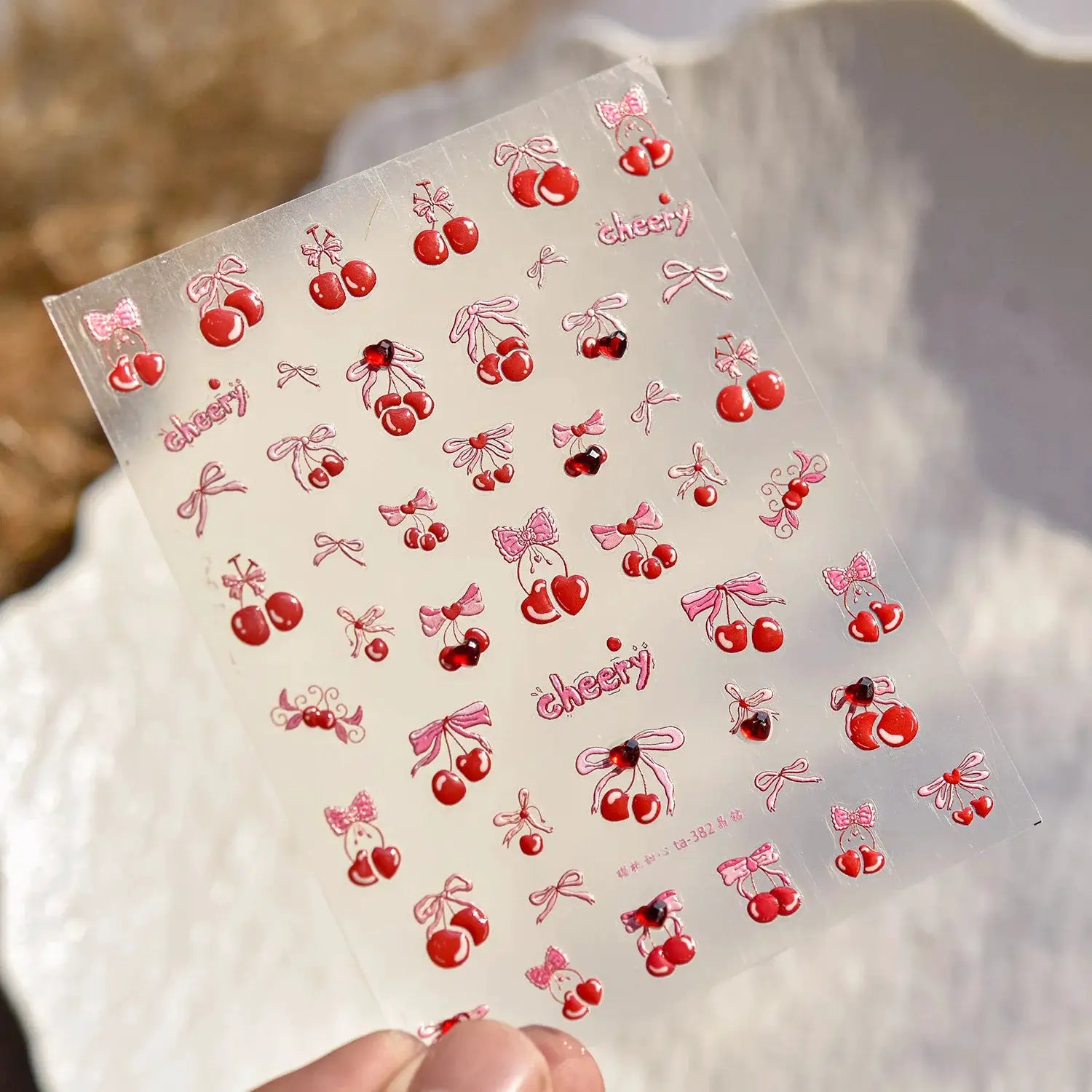 Simples Market pink cherry nail art stickers sheet translucent peach jelly texture 5D embossed self-adhesive decals
