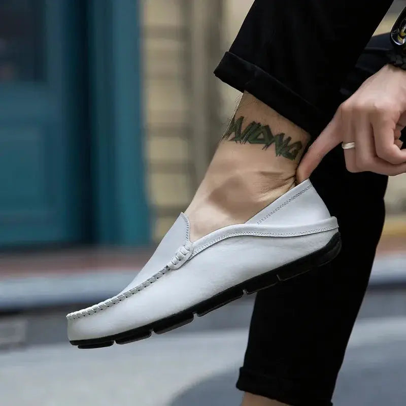 Men's white genuine leather loafers slip-on moccasins with black sole