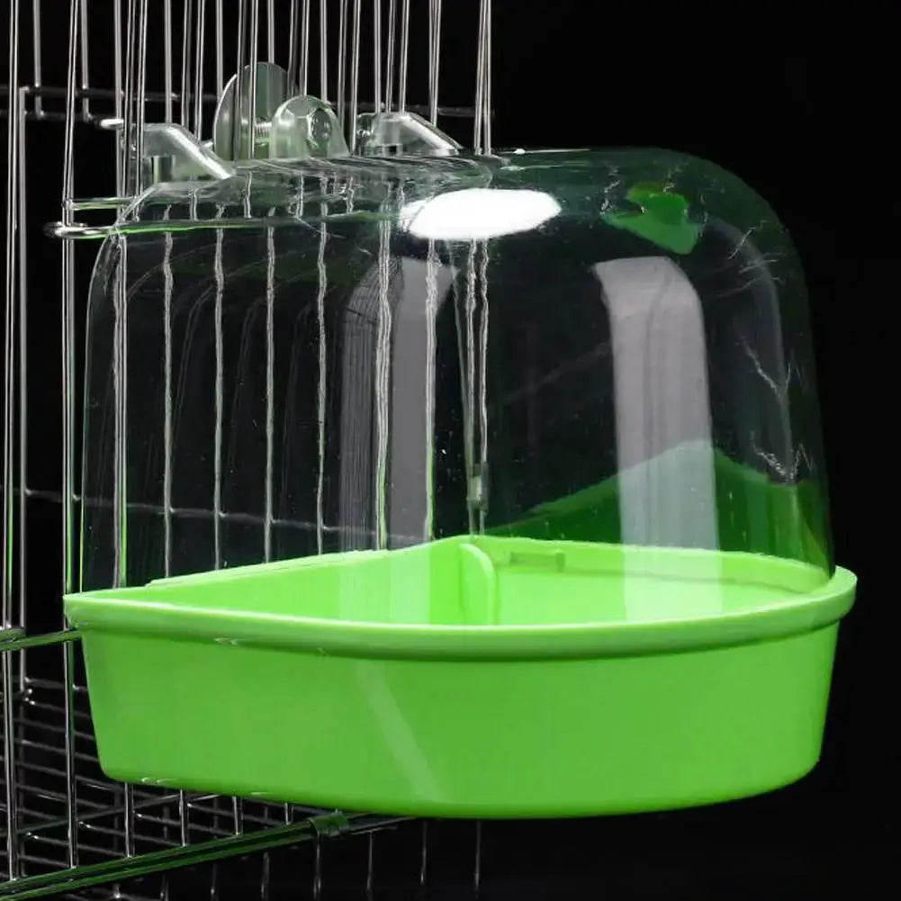 Simples Market hanging bird bath cube in bright green plastic with a clear dome lid for small birds