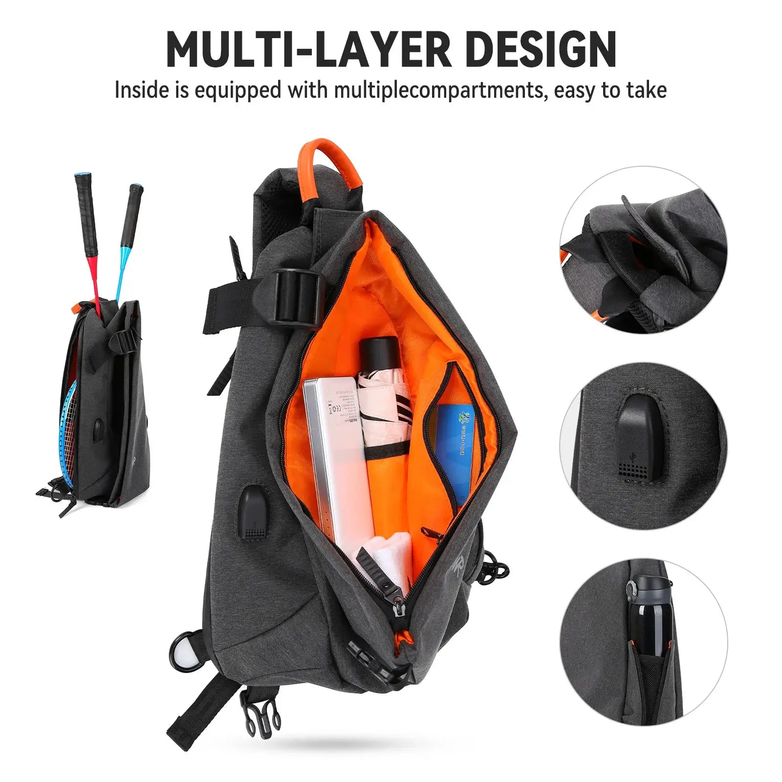 Simples Market anti-theft crossbody sling bag in dark gray with orange interior, compact multi-pocket hiking bag