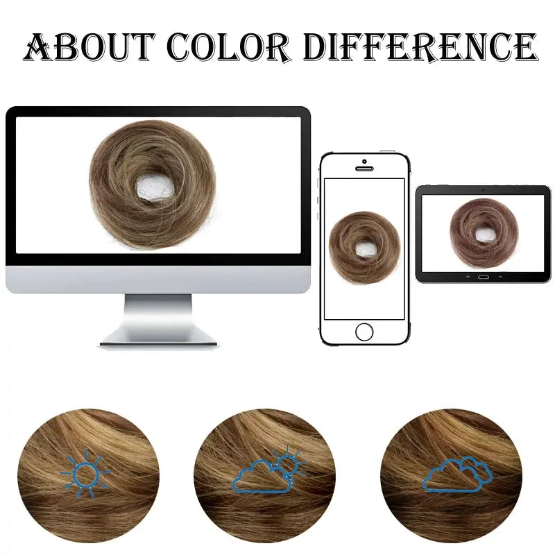 WIGSIN synthetic messy donut bun with elastic extension; updo in light brown tones, shown in 3 color variations.