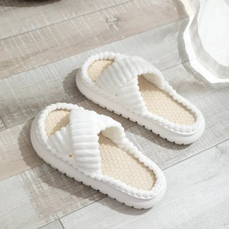 Slippers white open-toe cross-band indoor slides with linen sole, non-slip Simples Market