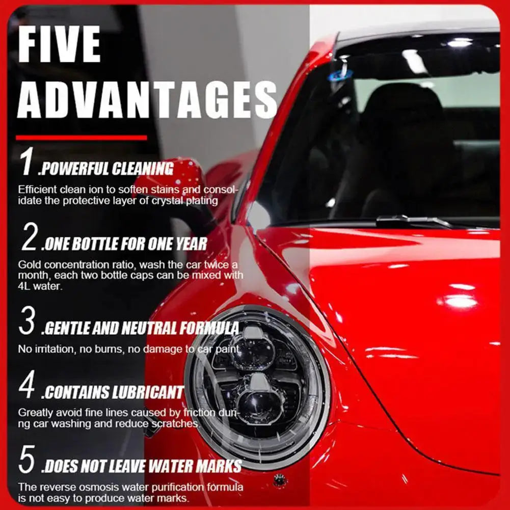 Simples Market 100ml car cleaning foam liquid; high-concentration car wash solution shown beside a red sports car.