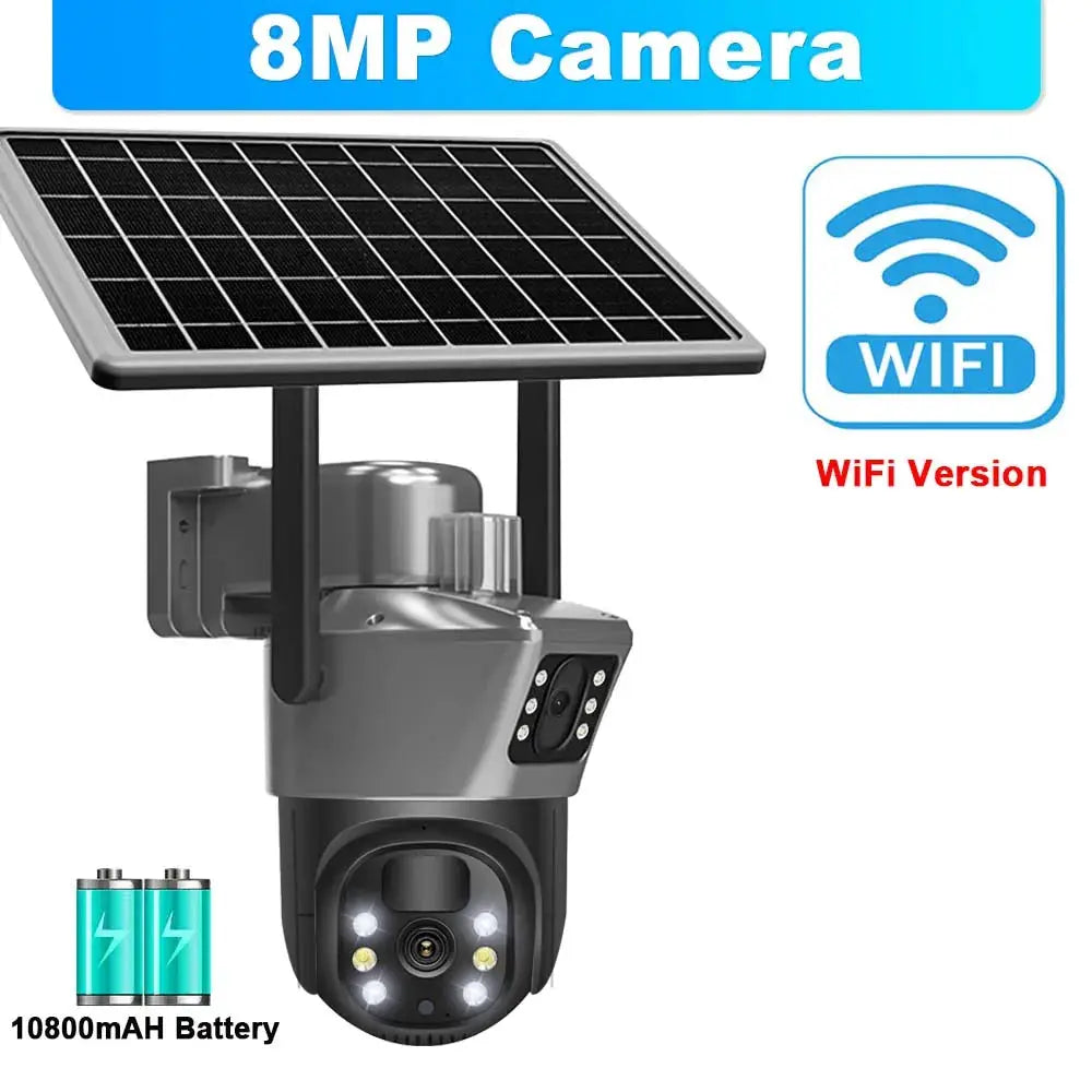 8MP solar WiFi CCTV camera with dual-lens PTZ, outdoor solar panel, and 10800mAh battery