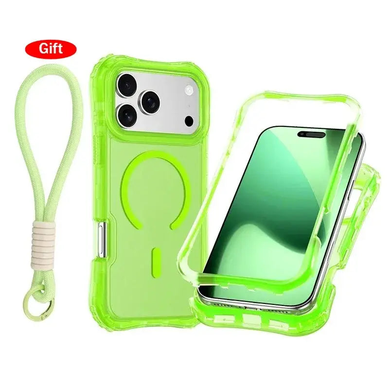 Armor 3IN1 PC+TPU magnetic charging clear case with wrist strap in neon green for iPhone