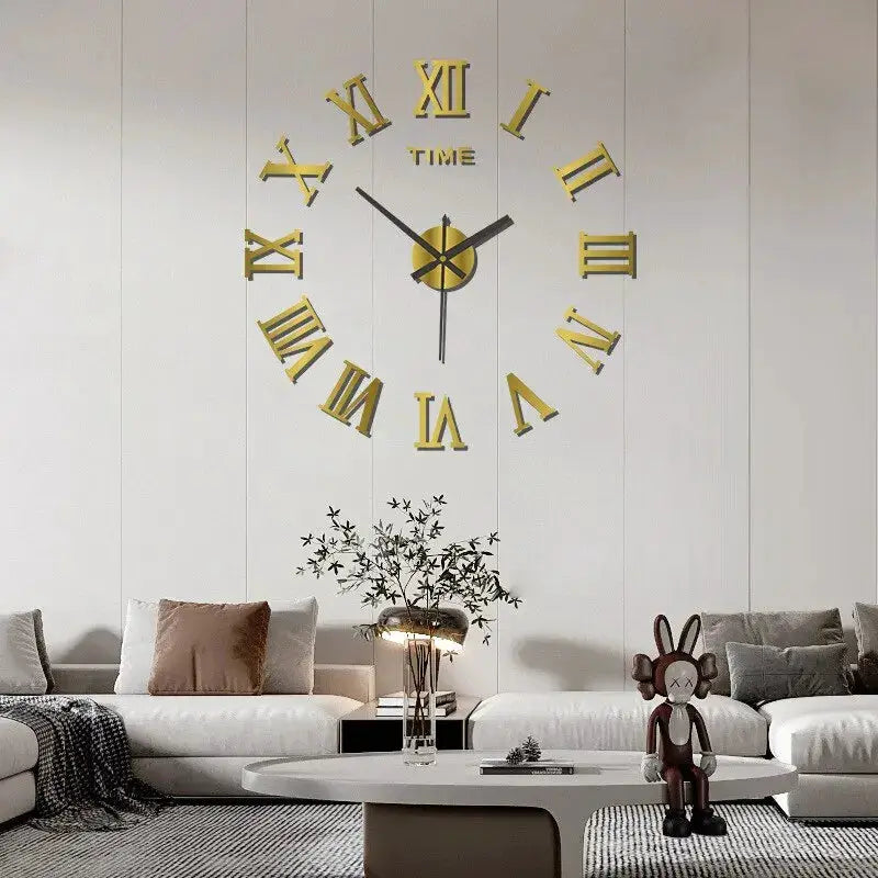 Simples Market 3D acrylic wall clock; large round mirror face with gold Roman numerals, DIY self-adhesive
