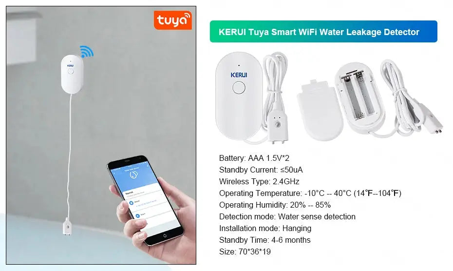 KERUI Tuya Smart WiFi Water Leakage Detector kit, white with battery pack, cables and mounting accessories
